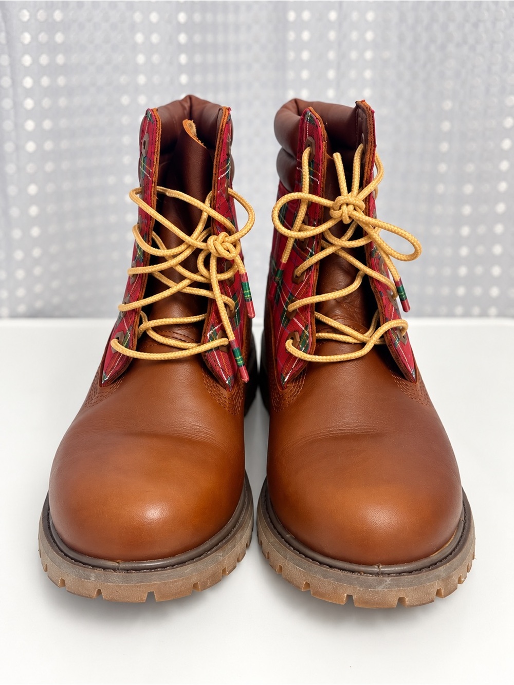 Timberland Brown Leather Boots with Red Plaid Trim and Yellow Laces